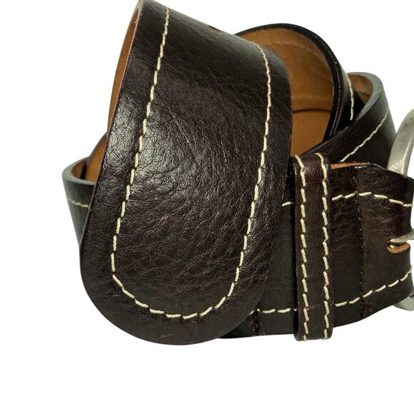 Italian Chocolate Brown Leather Waist Belt Contrast Stitch Statement Buckle Boho main image 8